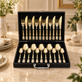 Floral Scroll Engraved Gold Cutlery Set – 24 Pcs