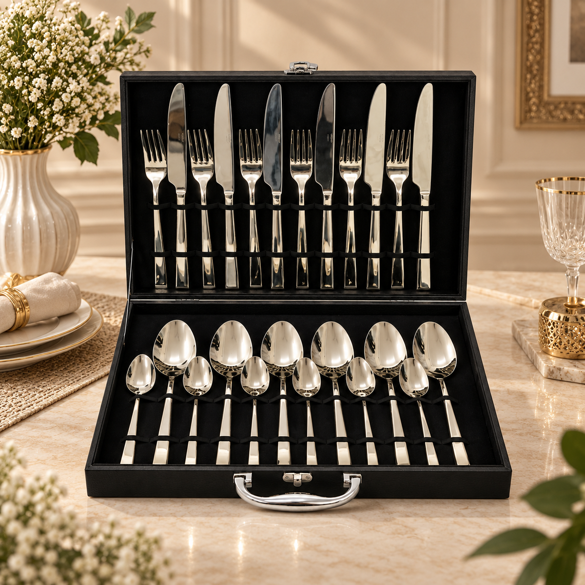 Classic Sleek Champagne Gold Cutlery Set – 24 Pcs