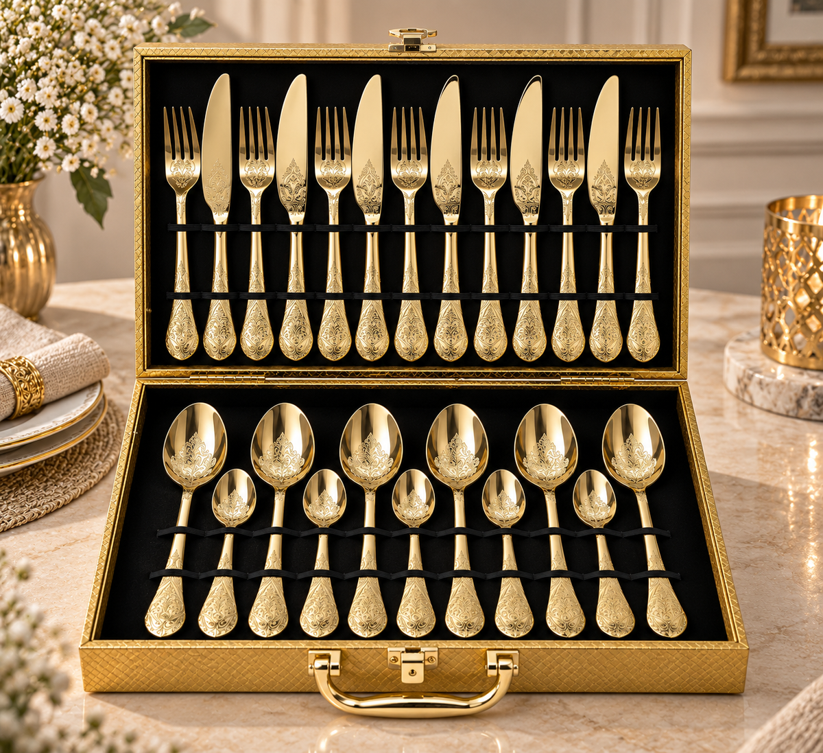 Floral Vine Engraved Gold Cutlery Set – 24 Pcs