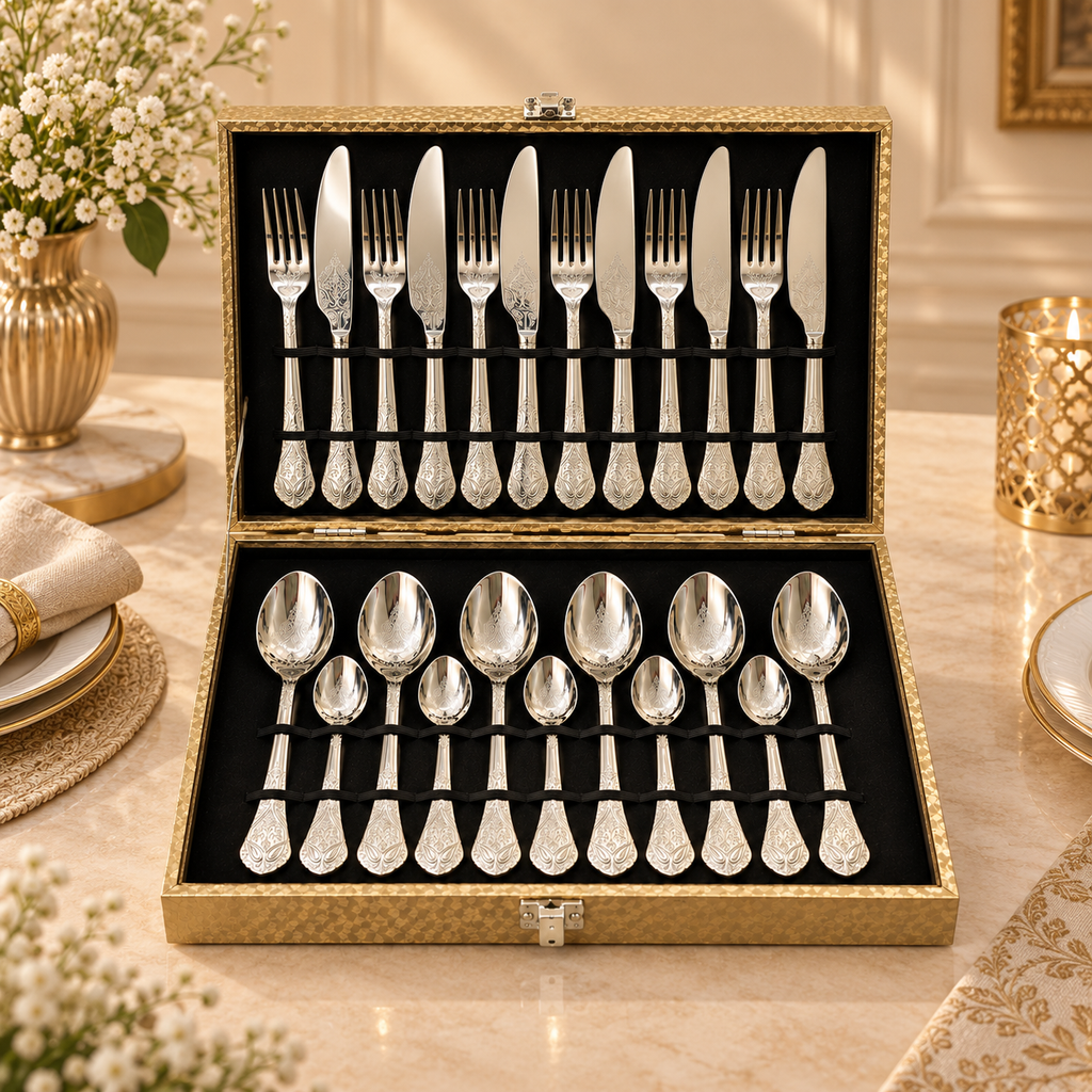 Floral Vine Engraved Champagne Cutlery Set – 24 Pcs