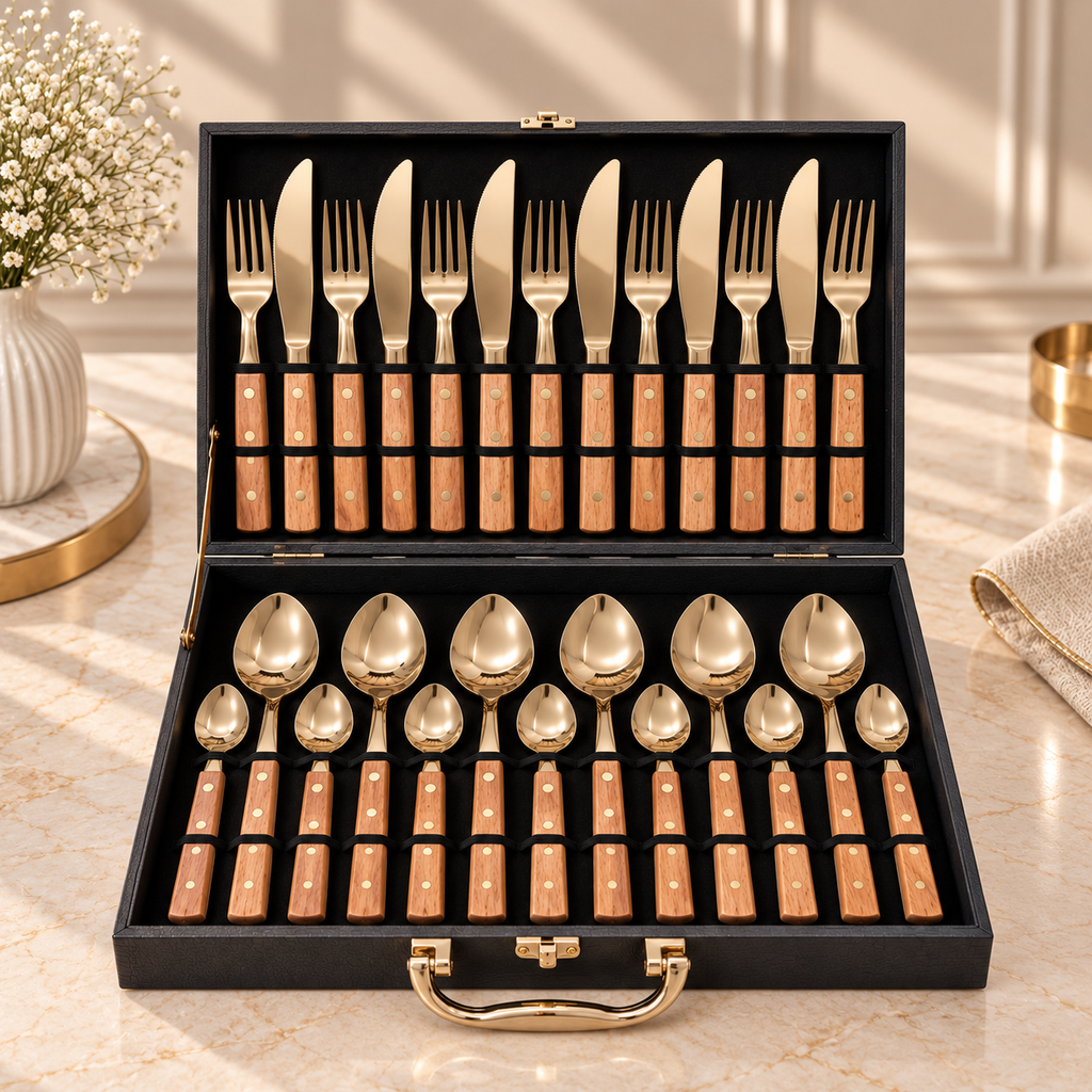 Royal Wood Champagne Gold Cutlery Set – 24 Pcs