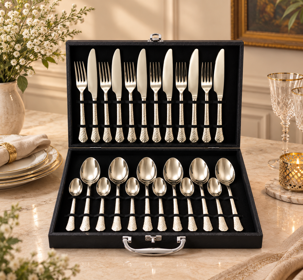 Hammered Champagne Gold Cutlery Set – 24 Pcs