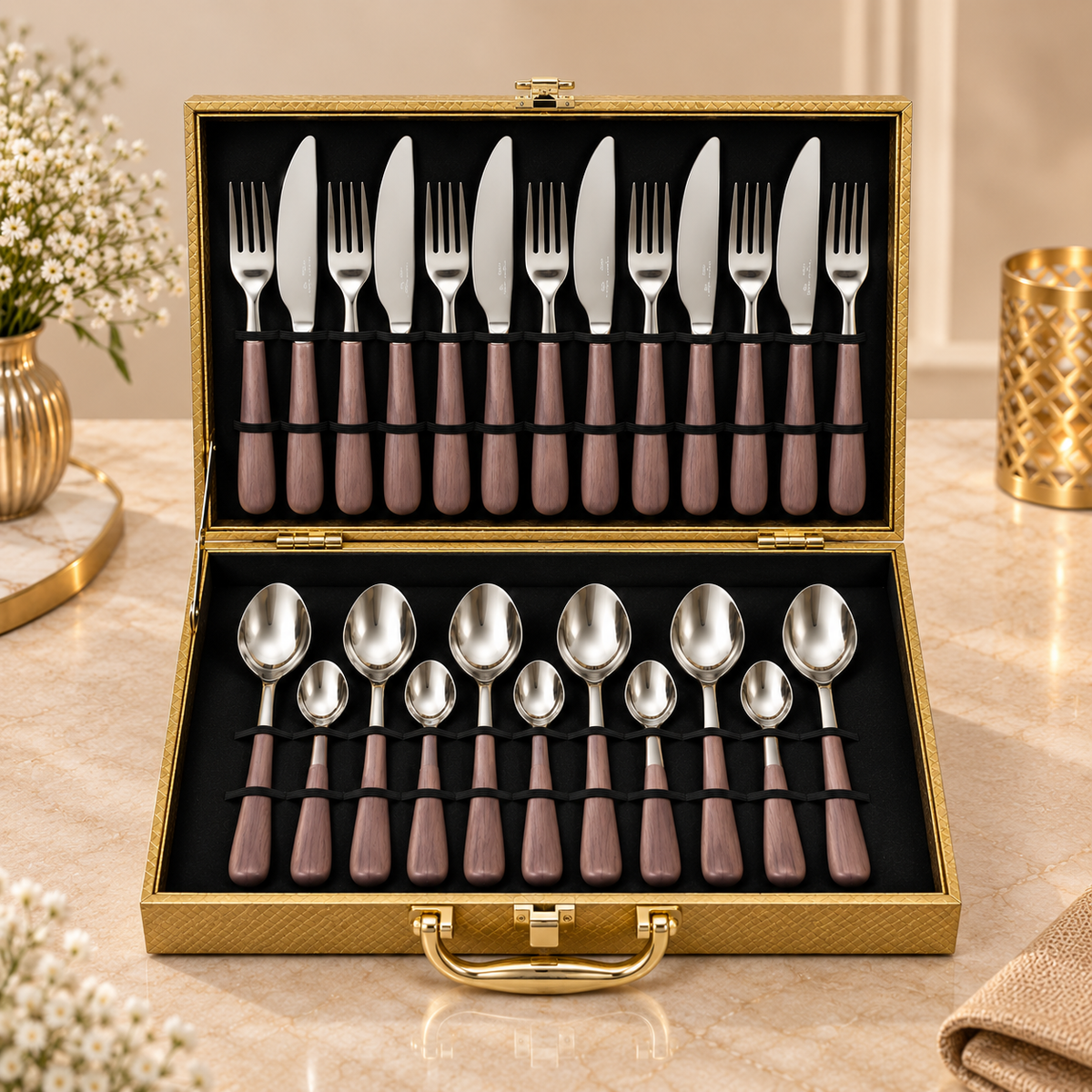 Caramel Wood Silver Cutlery Set – 24 Pcs