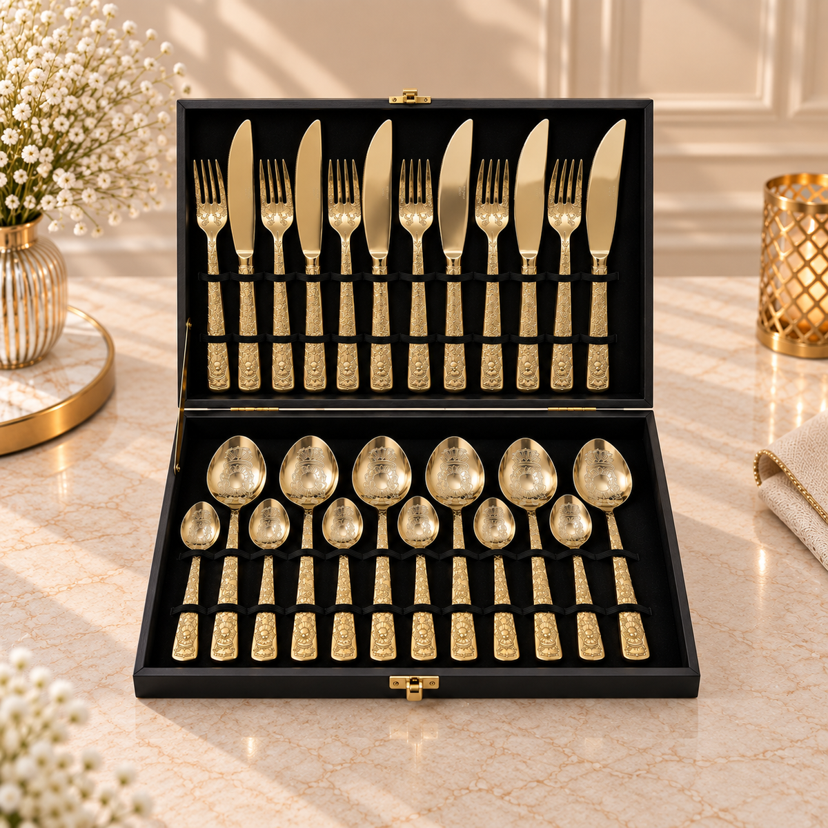 Royal Scrollwork Champagne Gold Cutlery Set – 24 Pcs