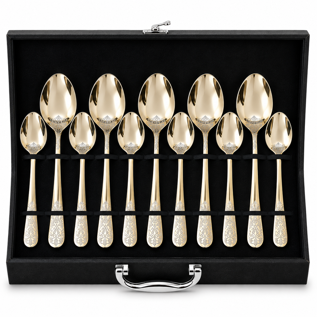 Floral Scroll Engraved Champagne Gold Cutlery Set – 24 Pcs