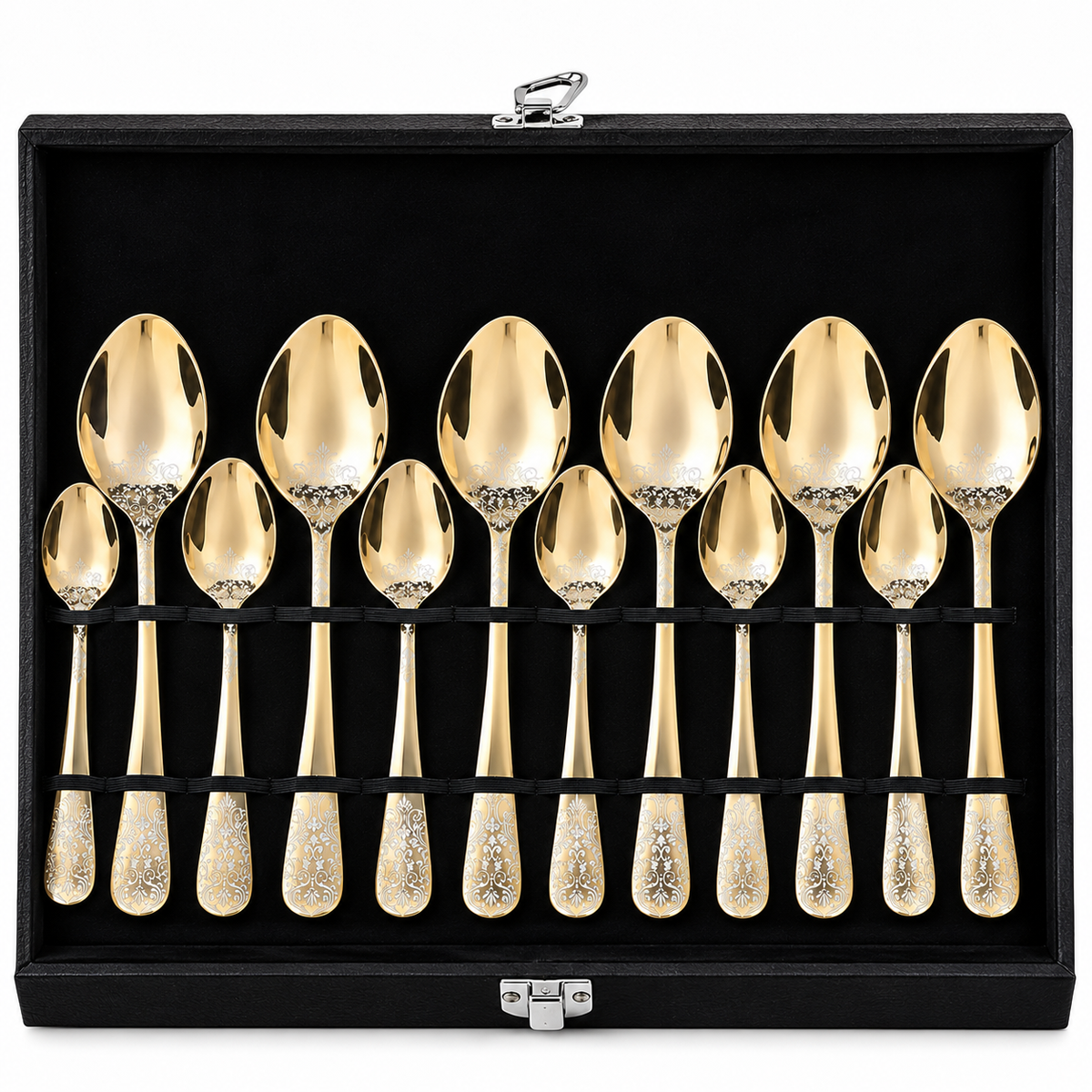 Floral Scroll Engraved Gold Cutlery Set – 24 Pcs