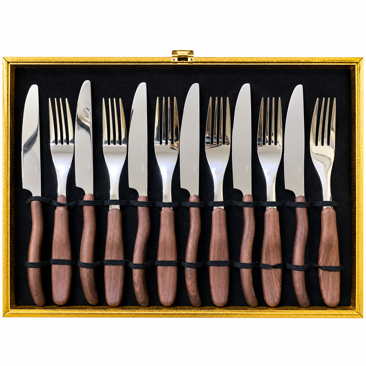Caramel Wood Silver Cutlery Set – 24 Pcs