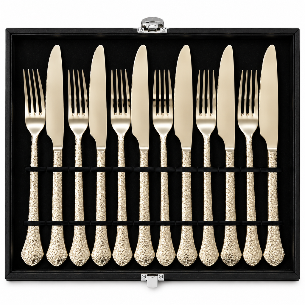 Hammered Champagne Gold Cutlery Set – 24 Pcs