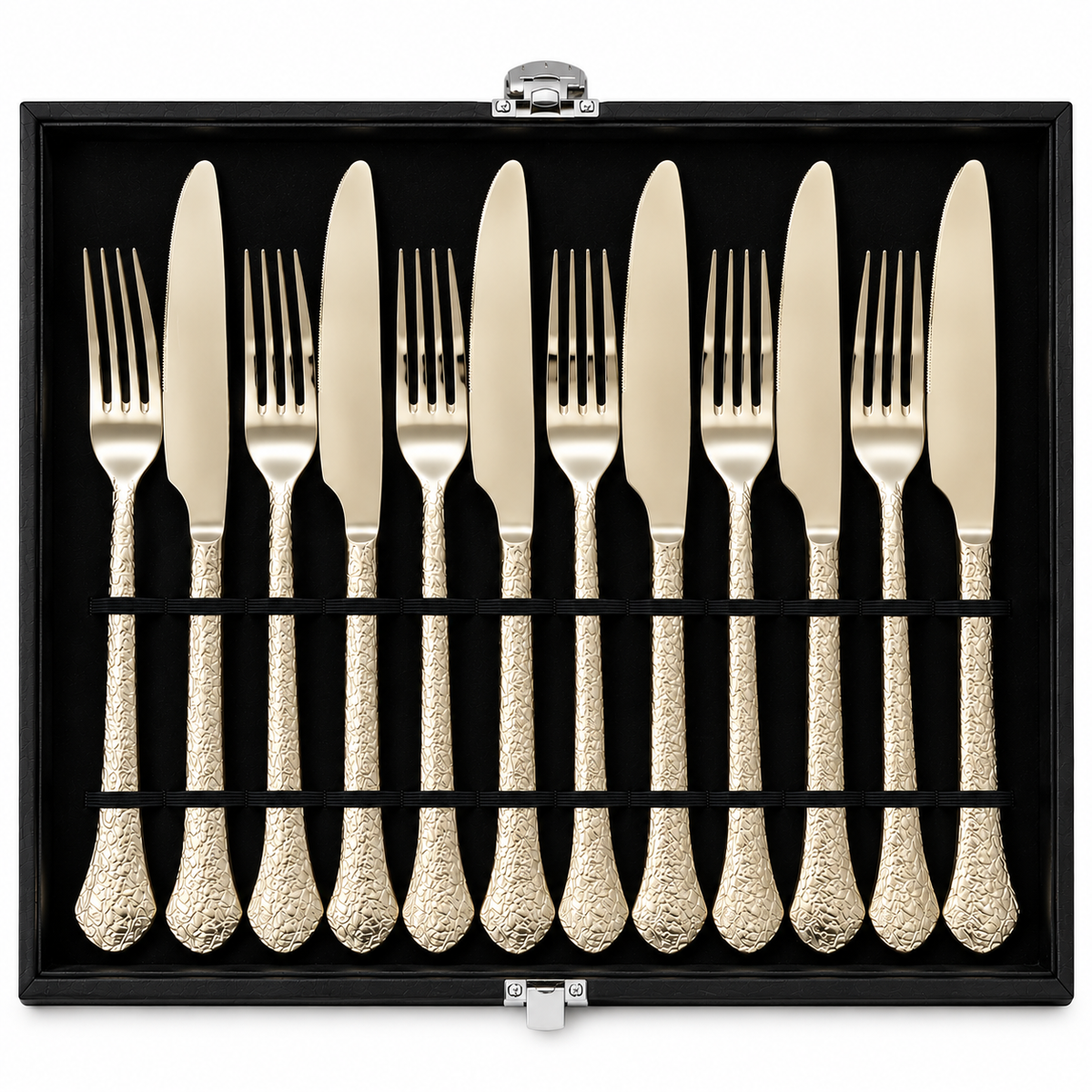 Hammered Champagne Gold Cutlery Set – 24 Pcs