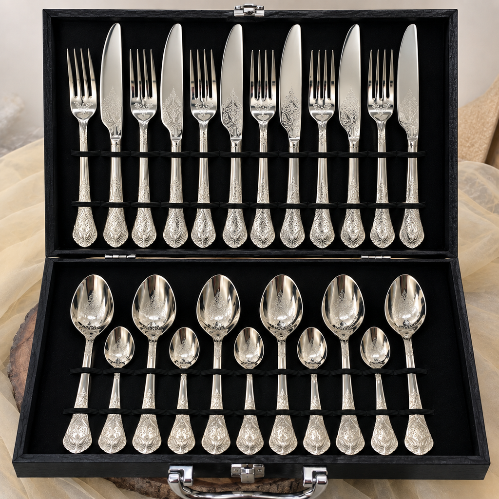 Floral Vine Engraved Champagne Cutlery Set – 24 Pcs