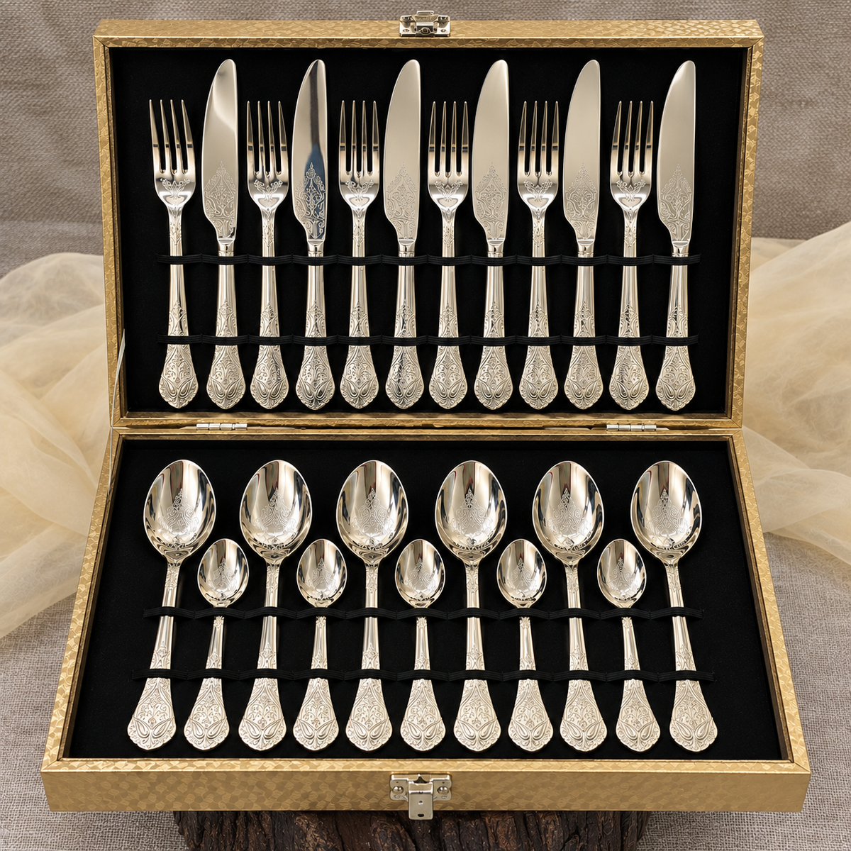 Floral Vine Engraved Champagne Cutlery Set – 24 Pcs