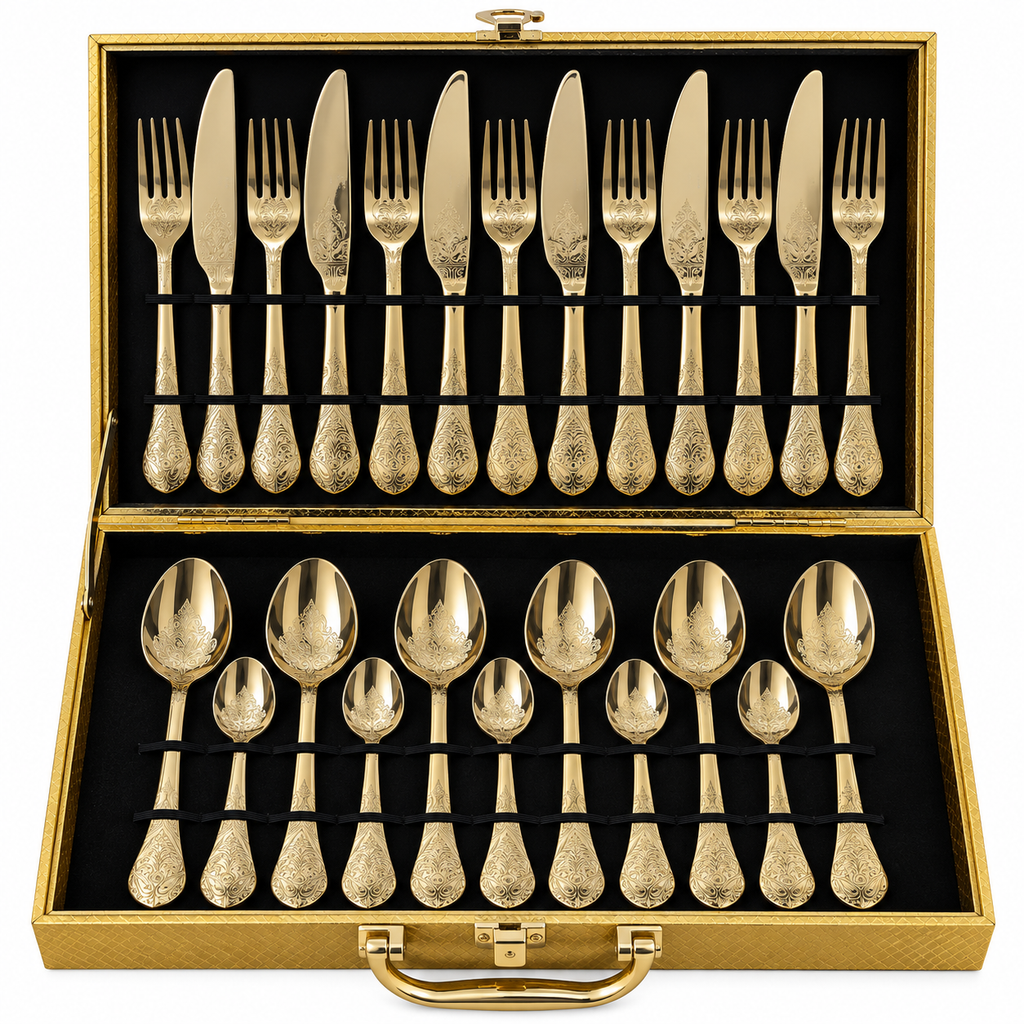 Floral Vine Engraved Gold Cutlery Set – 24 Pcs
