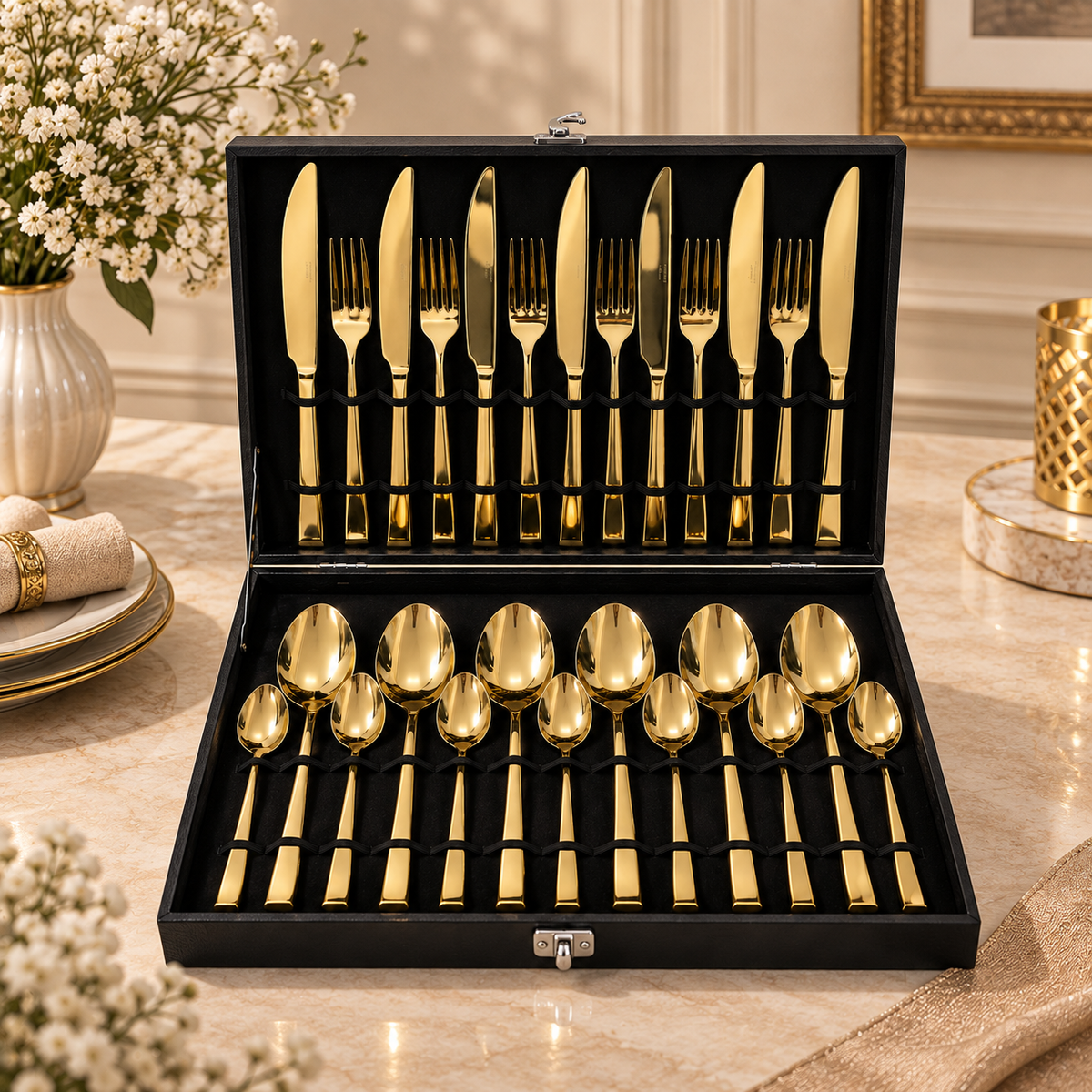 Classic Sleek Gold Cutlery Set – 24 Pcs